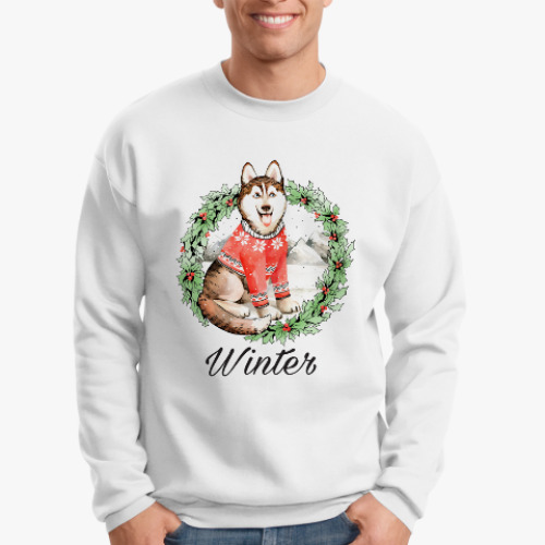 Свитшот с принтом Новогодний Хаски