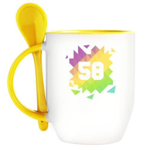 Кружка с ложкой с принтом Цифра 58 (Low Poly)