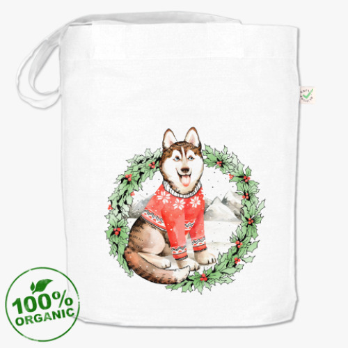 Сумка шоппер с принтом Новогодний Хаски