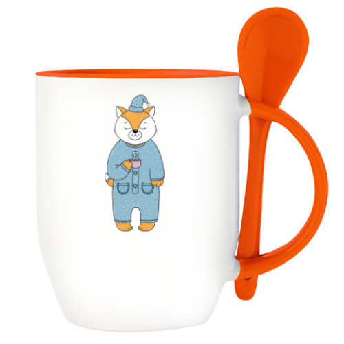 Кружка с ложкой с принтом Лис с чашечкой утреннего кофе