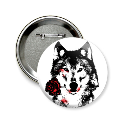 Значок 58мм с принтом Волк и Роза