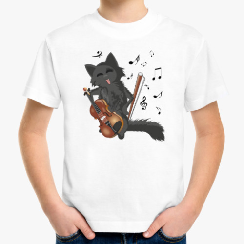 Детская футболка с принтом Веселый Кот-скрипач