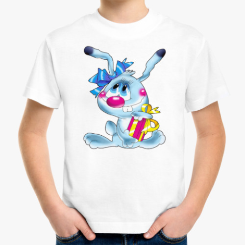 Детская футболка с принтом ЗАЯЦ С ПОДАРКОМ
