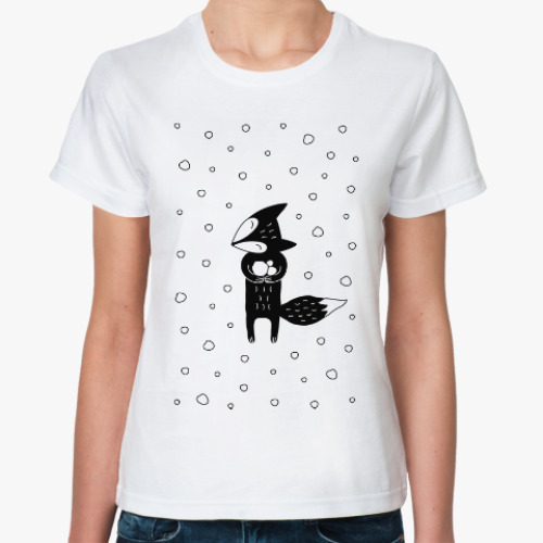 Классическая футболка с принтом Лисенок и снегопад