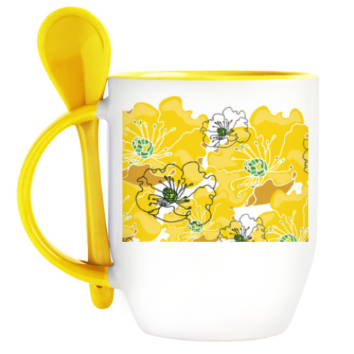 Кружка с ложкой с принтом Марципановые цветы