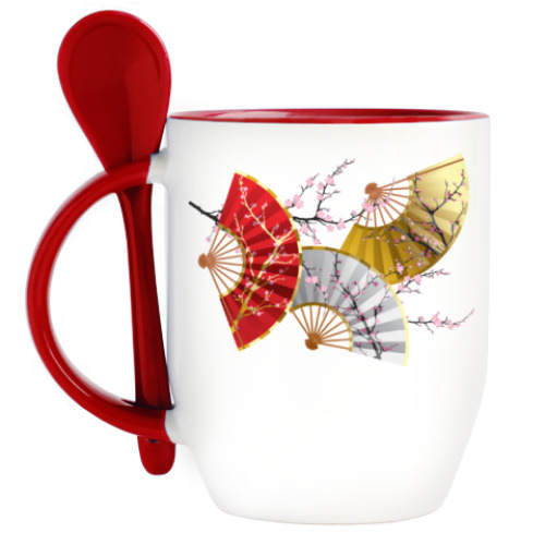 Кружка с ложкой с принтом Японские веера и ветка сакуры