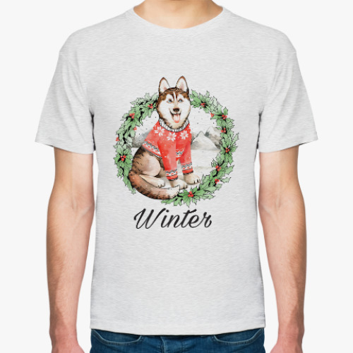 Футболка с принтом Новогодний Хаски