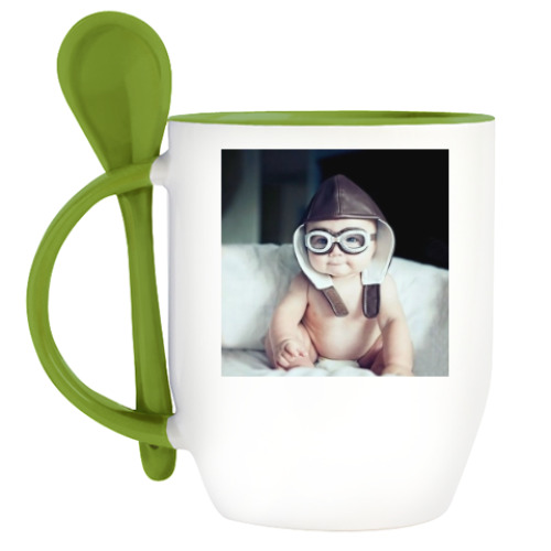 Кружка с ложкой с принтом Малыш летчик