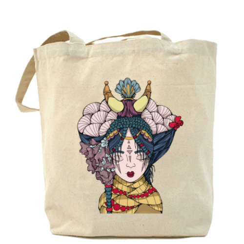 Сумка шоппер с принтом Девушка с голубыми волосами и цветами