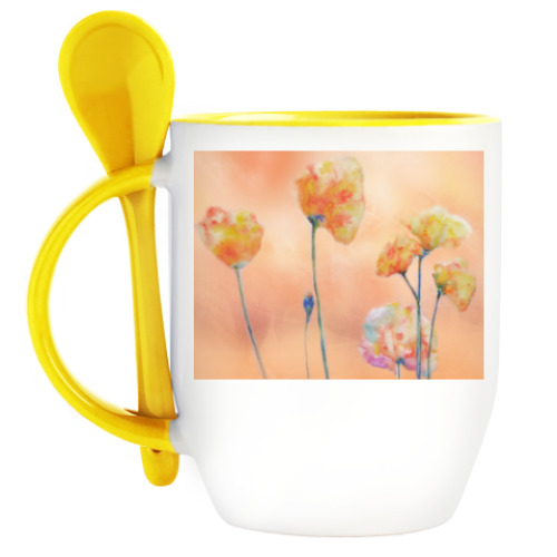 Кружка с ложкой с принтом Маки