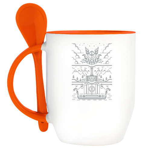 Кружка с ложкой с принтом Викинги и Один