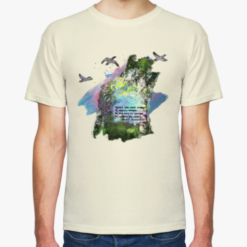 Футболка с принтом Птицы. Небо. Полет. Свобода. Простор. Березы.