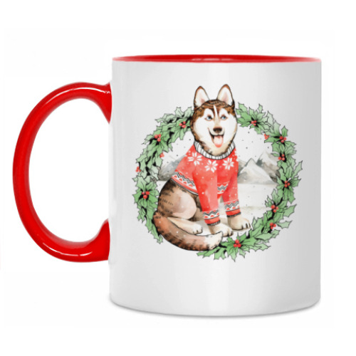 Кружка с принтом Новогодний Хаски