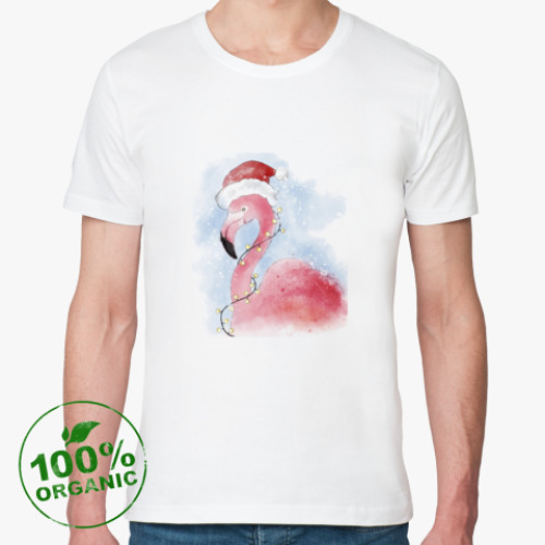 Футболка из органик-хлопка с принтом Фламинго в шапке Санты