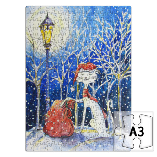 Пазл с принтом Новогодний кот с серьгой в ухе