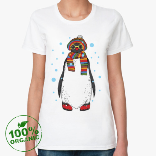 Женская футболка из органик-хлопка Новогодний пингвин в шапке