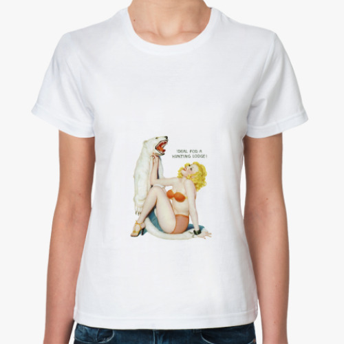 Классическая футболка с принтом Pin up, пинап девушка с медведем