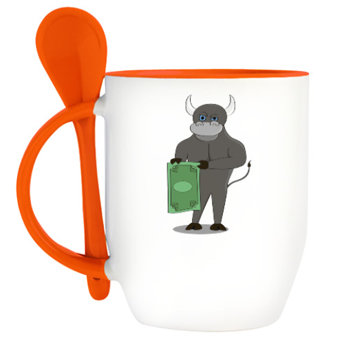 Кружка с ложкой с принтом Бык с долларом